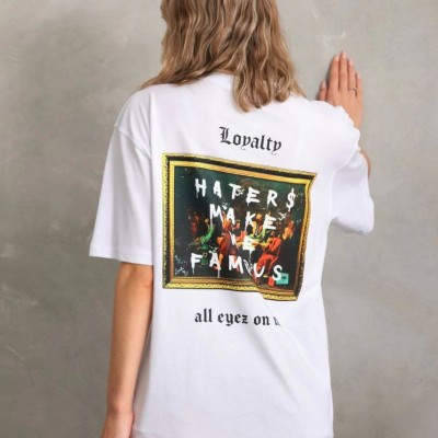 Kadın ön ve arka Baskılı Oversize Kısa kol  T-Shirt - Beyaz